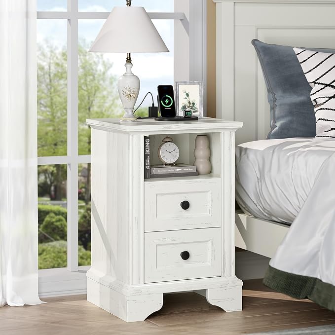 VINGLI Night Stand Set 2 White Nightstand with Charging Station, Wood Nightstands for Bedroom, Bedside Table, End Table with Charger Station, 15.74" W*13.78" D*23.62" H - Image 7