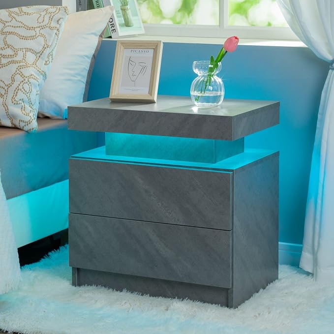 i-aplus LED Night Stand Modern Bedside Tables for Bedroom Grey Nightstand with 2 Drawers for Bedroom, Living Room by Unknown