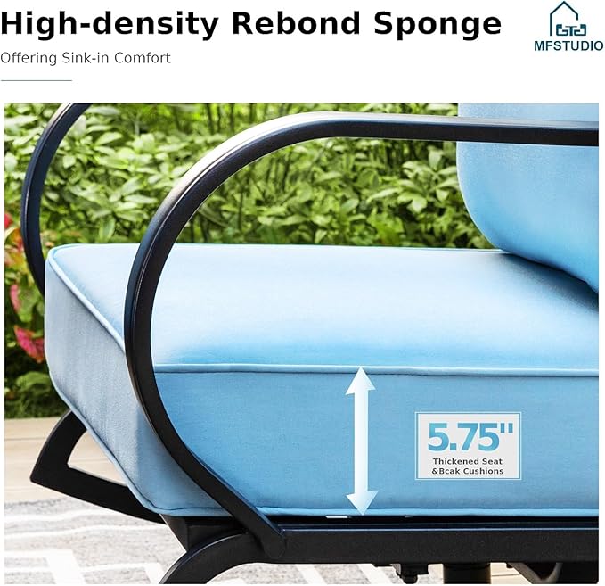 MFSTUDIO 5 Pieces Patio Conversation Sets,Outdoor Metal Furniture Sofas with 1 x 3-Seat Sofa, 2 x Sofa Chairs,2 x Ottoman,Wrought Iron Frame with Blue Cushion for Patio Courtyard Balcony