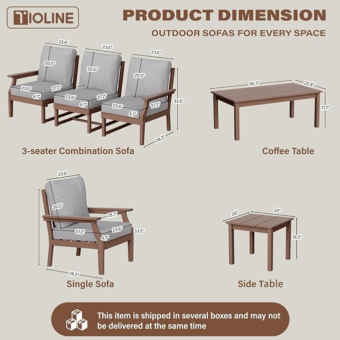 HDPE Patio Conversation Set, 7-Piece All Weather Outdoor Furniture Set with 2 Single Armchairs for Deck, Lawn, with Cushion, Brown