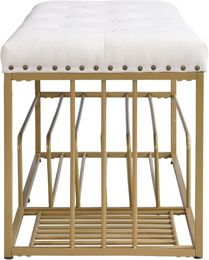 Linen Bench with Storage-Entryway Shoe Storage with Tufted Padded Seat,Gold Mental Frame Ottoman Bench for Bedroom Entry Window Mudroom Living Room,Beige - Image 8