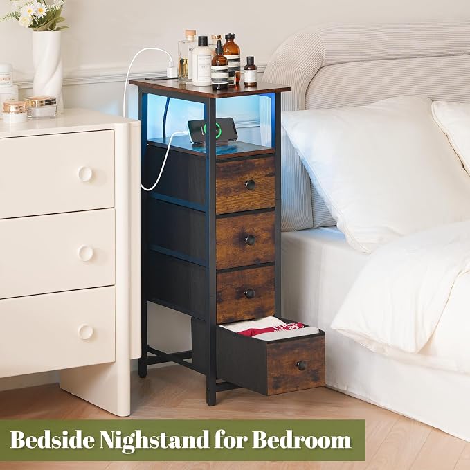 Yoobure LED Narrow Nightstand with Charging Station - Slim Dresser for Bedroom Narrow Side Table Storage Cabinet, Small Dressers Chest of Drawers, Tall Skinny Night Stand End Table for Small Spaces - Image 7