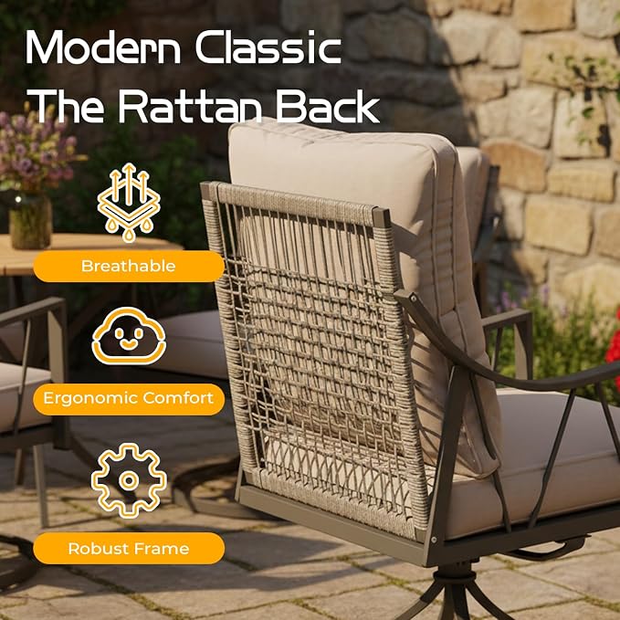 EROMMY 7-Piece Outdoor Patio Dining Set, 6 Wicker Swivel Rocking Chairs with 4" Cushions, Rectangular Table with Adjustable Umbrella Hole for Backyard, Deck, Black - Image 4