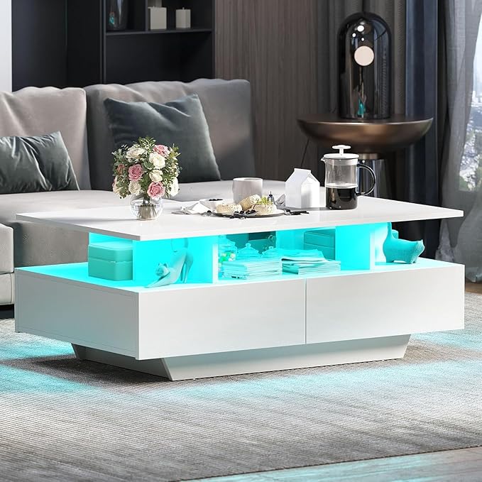 DWVO LED Coffee Table with Storage 4 Drawers, Modern High Glossy Coffee Tables for Living Room, White Rectangle Coffee Table Small Center Table with Open Display Shelf & Sliding Drawers, White
