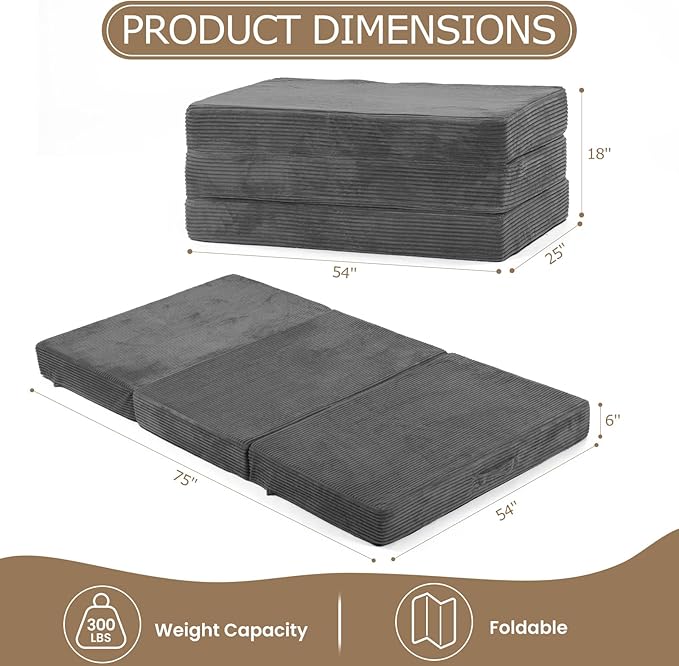 6-Inch Tri-Folding Mattress Full Size - Foldable Futon Sofa Bed with Removable Washable Cover, Folding Futon Mattress | Non-Slip Bottom & Carry Handles for Guest, Camping, Dorm