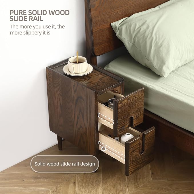 Solid Wood Bedside Table Nightstands, Slim Narrow Oak Real Wooden Mid-Century Modern End Table with Drawers Luxury Side Table Durable Cabinet Organizer Furniture, Walnut Color 7.87in Wide - Image 6