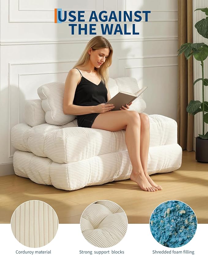 Folding Sofa Bed with Back Support, Convertible Sleeper Chair with Pilow Foldable Matress, Portable Fold Out Chair Bed Comfy Floor Sofa Lounge for Living Room Bedroom, Beige, Double