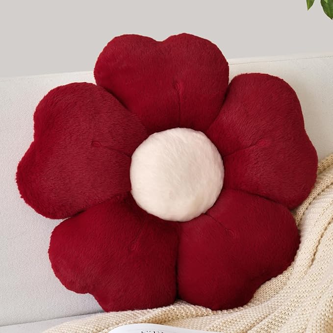 Flower Shaped Pillow, Cute Decorative Throw Pillows with Soft Rabbit Fur for Couch Bed Chair Floor, Christmas Pillow Seating Cushions with Room D??cor for Bedroom Living Room(14.9 Inches, Claret)