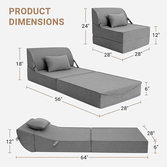 BeBen Folding Sofa Bed Chair, Convertible Sleeper Chair Futon Couch, Foldable Boneless Floor Lounger Sofa, Single Foam Chair Bed for Small Spaces, Dorm, Guest Room, Living Room, Apartment, Grey