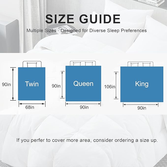 Goose Feather Down Comforter Queen Size, White 100% Cotton Duvet Insert, All Season Hotel Bedding Fluffy Cotton Comforter with Corner Tabs (White, Queen)