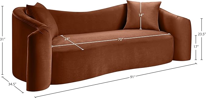 Meridian Furniture 44052Cognac-S Destin Collection Modern | Contemporary Sofa with Ultra Luxe Cognac 460 GSM Velvet, Rich Curves, 91" W x 34.5" D x 31" H, Cognac