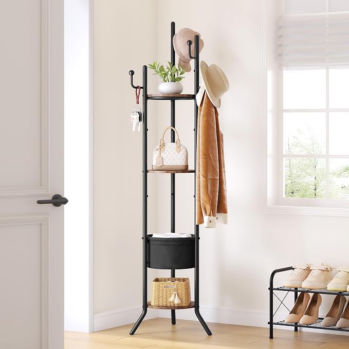 Hoctieon Coat Rack Freestanding, Round Coat Rack with 3 Wooden Shelves and 1 Fabric Basket, Metal Clothes Tree with 5 Hooks, Coat Hanger Stand for Clothes, Hats, Bags, Brown and Black by Hoctieon
