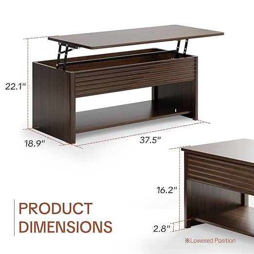 Fluted Lift Top Coffee Table for Living Room, Small Coffee Table with Storage Hydraulic Lift Large Capacity, Sturdy Legs Safe Round Corner, Easy Assembly for Small Spaces, Horizontal Grain-Brown