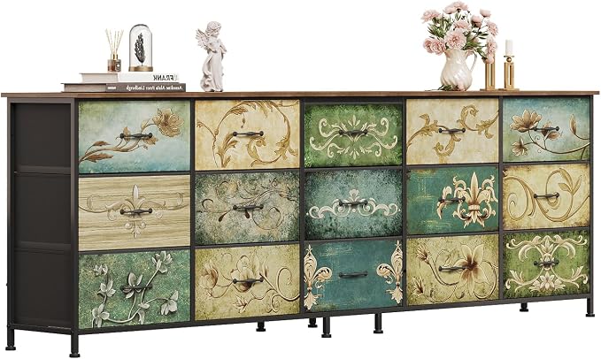 Tohomeor Dresser for Bedroom Chest of Drawers Fabric Dresser for Closet, Nursery Entryway Hall Tree TV Stand for Living Room Retro Floral Pattern Wooden Top (15 Drawers) by Tohomeor