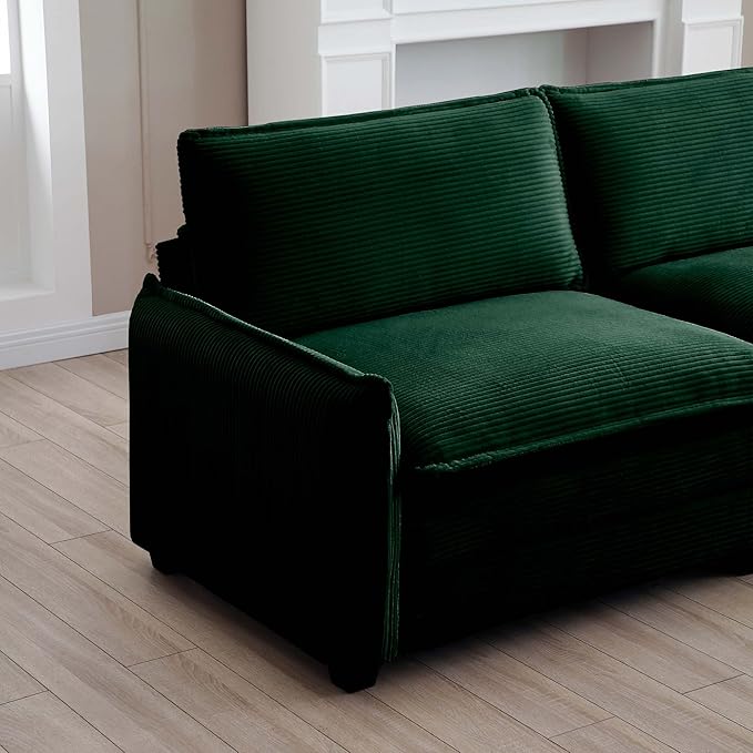 KEIKI 150" L-Shaped Oversized Corduroy Modular Sectional Sofa with 1 Ottoman, High-Density Foam Cushions, Removable Armrests, Upholstered 4-Seater Corner Couch with 6 Pillow, for Living Room, Green