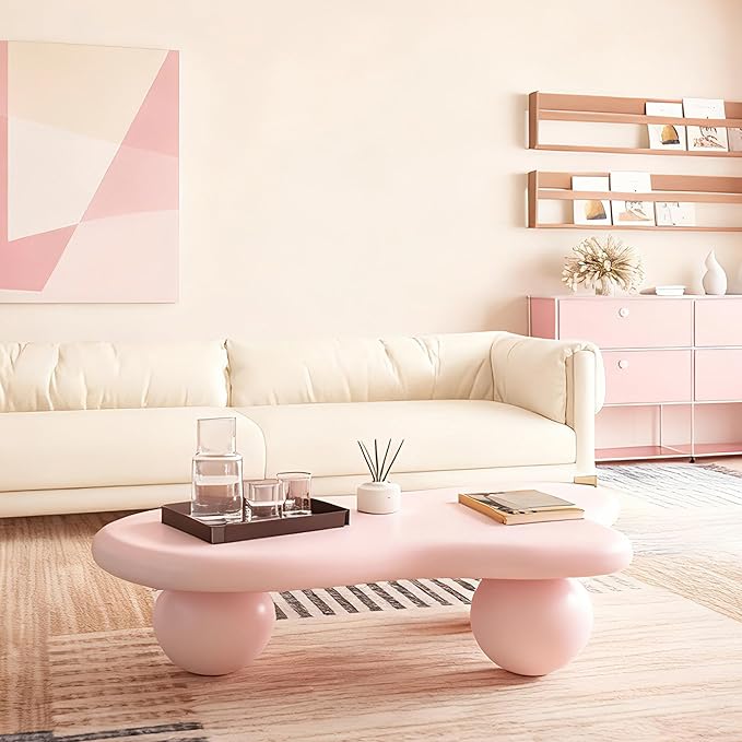 40” Cloud Coffee Table with 3 Ball Legs, Modern Irregular Center Table for Living Room, Low Cute Small MDF Tea Table for Bedroom, Space Apartment-Pink