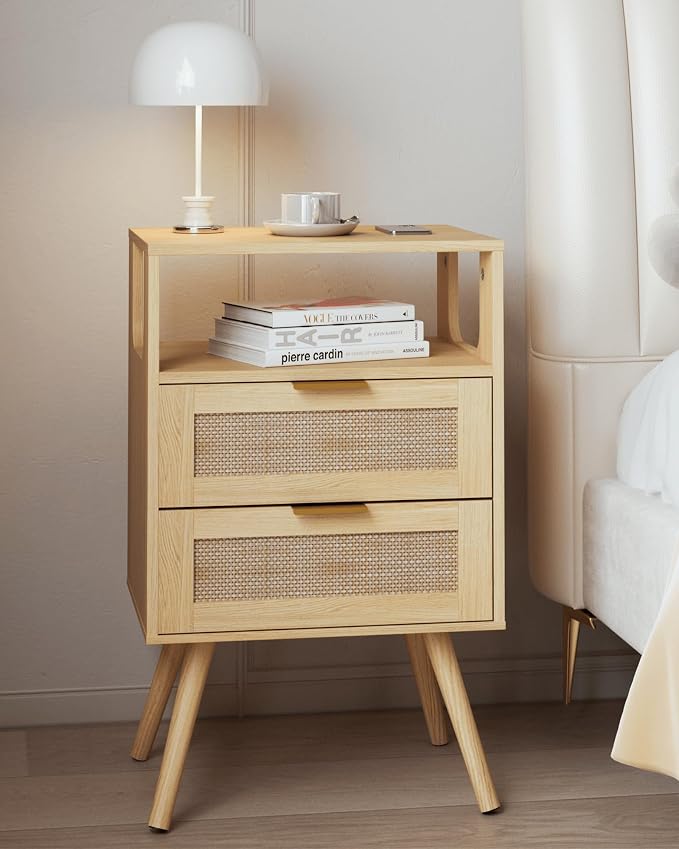 JOONEE Rattan Nightstand,Farmhouse Bedside Table with 2 Storage Drawer and Open Wood Shelf, for Bedroom and Small Spaces,Night Stand with Solid Wood Legs (Yellow Oak) by JOONEE