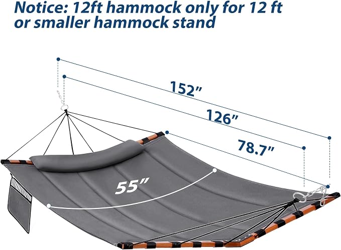 TegerDeger 12FT 2 Person Hammock Large Hammock 450LB Capacity with V Shaped Hardwood Spreader Bar & Nylon Rope for Outside, Patio, Garden, Backyard, Beach, Poolside - Gray - Image 6
