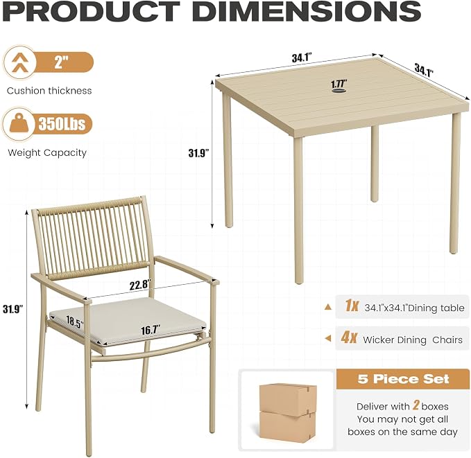 5-Piece Outdoor Dining Set for 4, Rectangle Expandable Table with Umbrella Hole, 4 Wicker Rattan Chairs with Soft Cushion,Patio Dining Set, Conversation Set for Backyard, Garden & Poolside, Beige - Image 2