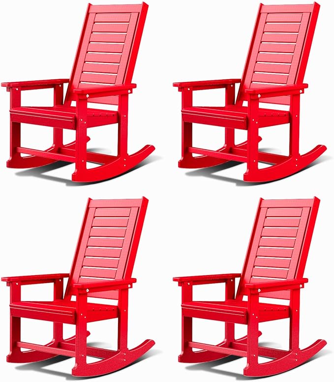 GREENVINES Outdoor Rocking Chairs | Set of 4 | Porch Rocker | HDPE Plastic | Red | Oversized Rockers | High Back | Big & Tall | Ladder Back | for Patio Outside Backyard Balcony Garden by GreenVines