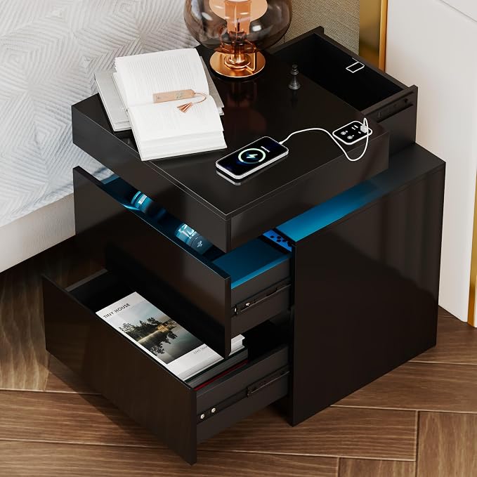 LED Nightstand - Bedside Table with Charging Station and 2 Shiny Surface Drawers Sliding Top with Magnetic Lock - Modern Night Stand for Bedroom & Living Room - Black - Image 6