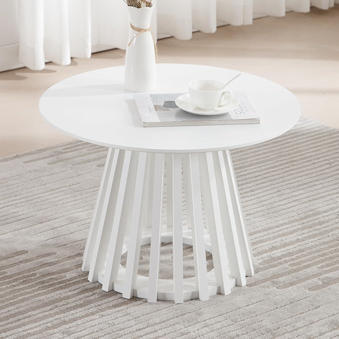 LukeAlon 24" Round Coffee Table, Mid Century Modern Wooden Center Table with Columnar Wood Strips Base Sofa Side Table Circle Tables for Living Room Small Space, White