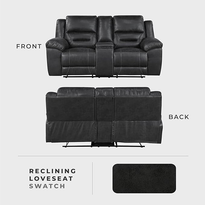 Lexicon Double Recliner Loveseat with Center Console, Wall Hugger Manual Reclining Couch, Textured Microfiber Upholstered Dual Reclining Love Seat, Home Theater Seating, Required Assembly, Black
