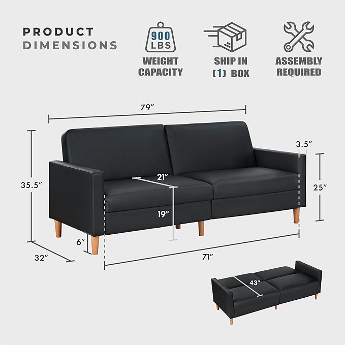 Lexicon 79"W Convertible Futon Sofa Bed, Loveseat, Faux Leather Upholstered Couch Sleeper, Adjustable Backrests, Padded Pocket Coil, Solid Wood Legs for Living Room, Bedroom, Apartment, Office, Black