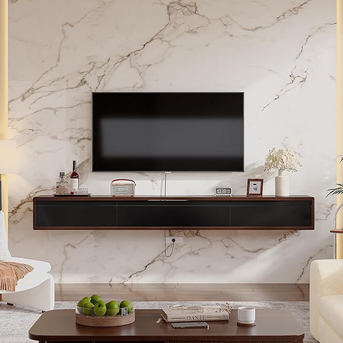 FurniNova Fully Assembled Floating TV Stand, Modern Plywood Media Console with 2 Drawers & 1 Flip Door, Wall Mounted Entertainment Center with High Gloss Finish & Round Edges, 47 inch, Walnut & Black - Image 3
