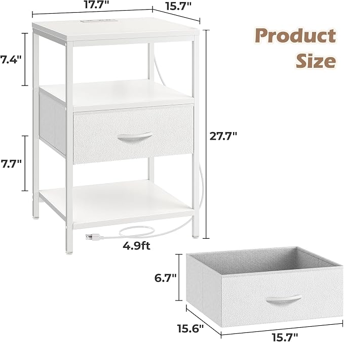 SUPERJARE Nightstand with Charging Station, White Night Stand with Adjustable Drawers, 17.7 Inches Wider Side Table for Bedroom, 3-Tier Storage End Table with Open Shelf, PU Leather Surface - Image 3