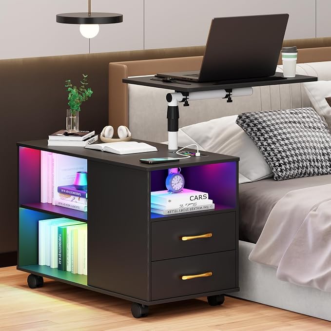 Gurexl 360° LED Nightstand with Wireless Charging Station, Movable Adjustable Bedside Table with Laptop Tray, Auto Sensor Night Stand for Bedroom (Black) - Image 8