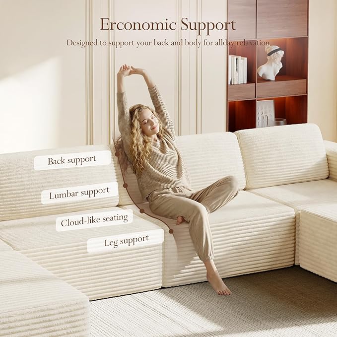 Vesgantti 159" Large Modular Sectional Sofa, U-Shaped Corduroy Cloud Couch with Deep Seats & Spring Support, 4-Seater Boneless Sofa with 2 Movable Ottomans, No Assembly Needed, Beige