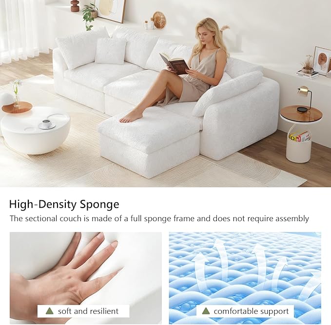 108" Modular Sectional Sofa Boneless Cloud Couch for Living Room, L Shape Deep Seat Recliner Sofa with Ottoman, Adjustable Backrest & 2 Throw Pillows - Covers Washable, (White, 3 Seater+1 Ottoman)