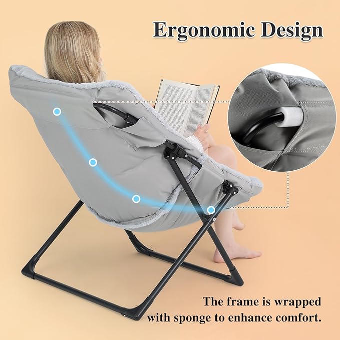 Comfy Saucer Chair for Adults, Soft Faux Fur Bedroom Chair, Accent Dorm Chairs, Flexible Living Room Reading Chairs, Oversized Folding Seat for Teens, X-Large, Grey