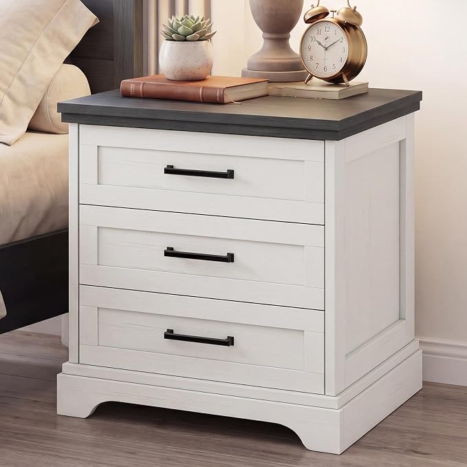 DUMOS Nightstand with Charging Station, Woode Farmhouse Bedside Table with 3 Drawers, Wood End Table, Modern Side Table for Bedroom, White by DumosLifestyle