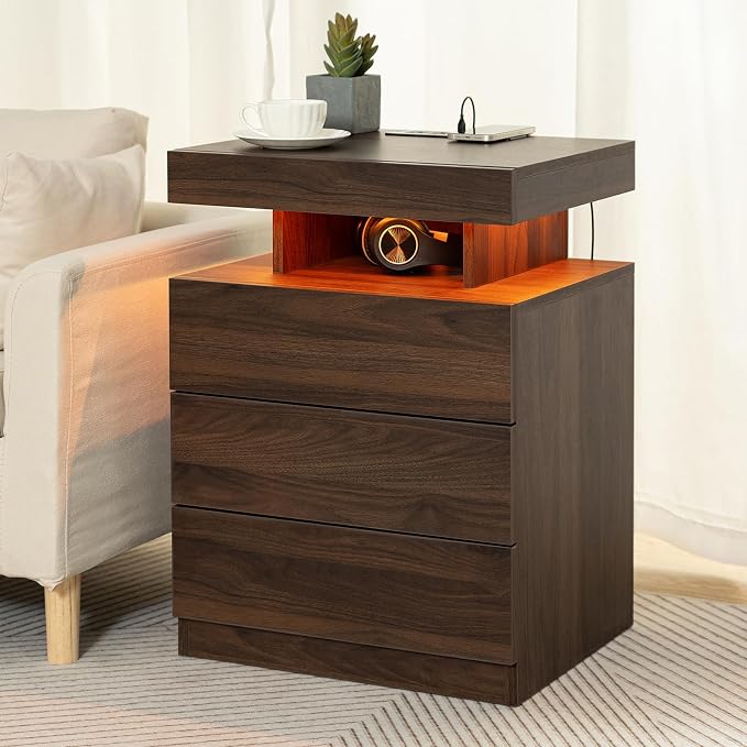 HOMMPA Set of 2 Rustic Brown Nightstands with Wireless Charger Station LED Bedside Table with 3 Drawers Walnut Wood End Table with Open Shelf Smart Nightstand Tall Night Stand with Light for Bedroom - Image 7