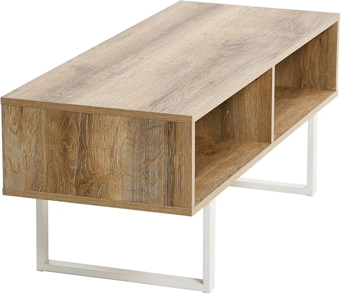 Household Essentials Jamestown TV Stand Coffee Table with Rectangular Storage Compartments Coastal Oak Rustic Wood Grain and White Metal