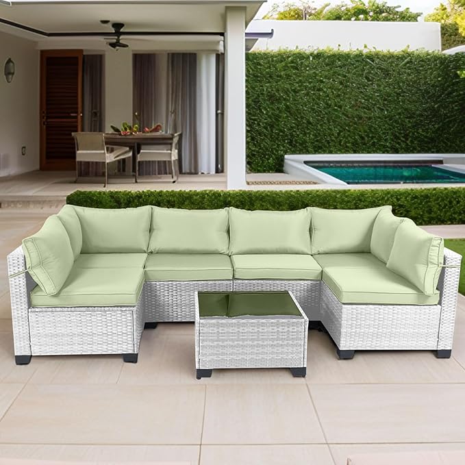 CHABATREE 7 Pieces Outdoor Patio Furniture Sets,Rattan Conversation Sectional Set,Manual Weaving Wicker Patio Sofa with Tea Table