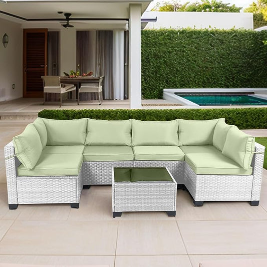 CHABATREE 7 Pieces Outdoor Patio Furniture Sets,Rattan Conversation Sectional Set,Manual Weaving Wicker Patio Sofa with Tea Table