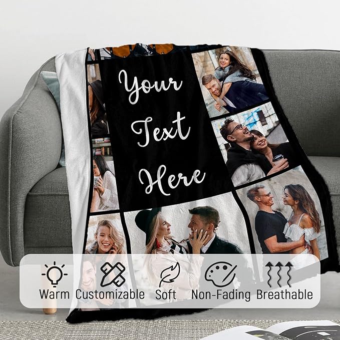 ROMANDY Ships Next Day Custom Blanket with Picture Customized Banket Personalized Throw Blankets Customizable Photo Blankets Customize Gifts for Mom Dad Girlfriend Boyfriend Wife Husband Her Him