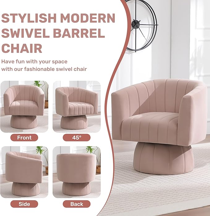Swivel Accent Barrel Chair, Cute Comfy Small Round 360° Arm Chair. Velvet Sofa Club Reading Chair for Living Room Bedroom Office Pink