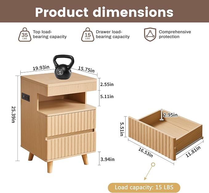 Eifizek Fluted Nightstand with LED Light & Charging Station, Modern Bed Side Table with 2 Storage Drawers & Open Shelf, Wooden End Table with Concealed Drawer for Bedroom, Living Room, Oak - Image 2