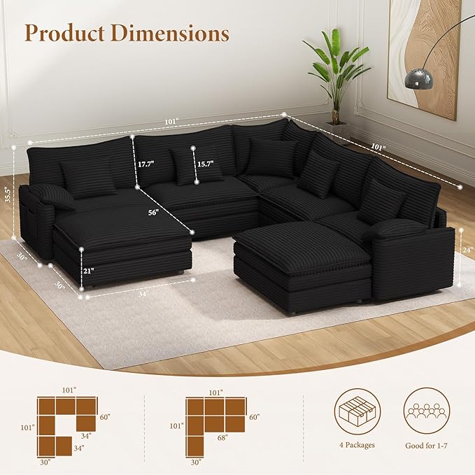 Vesgantti 101" V-Shaped Corner Couch Sectional, 7 Seat Customizable Modular Cloud Couches with Movable Ottoman, Corduroy Deep Seat Sofa Set with Chaise for Living Room, Bedroom and Apartment, Black