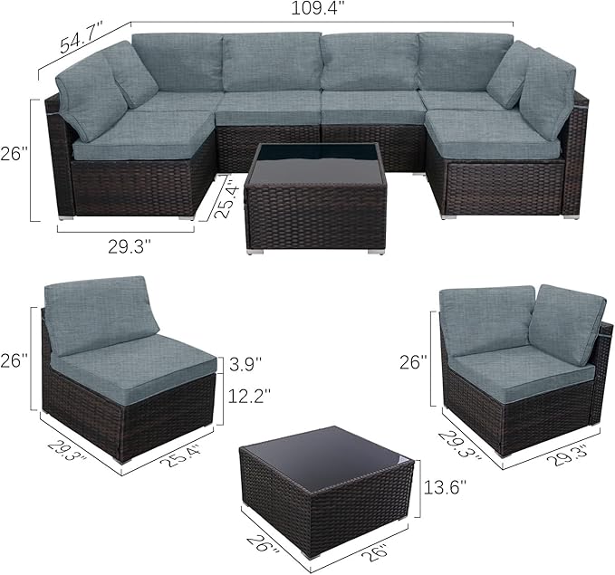 CHABATREE 7 Pieces Outdoor Patio Furniture Sets,Rattan Conversation Sectional Set,Manual Weaving Wicker Patio Sofa with Tea Table