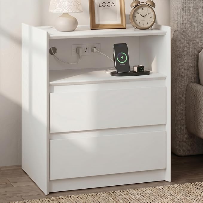 24" Tall Nightstand with Charging Station Including USB-C, Modern Bedside Table and Sofa End Table - White, 2 Drawers, 1-Pack by FurniXpress