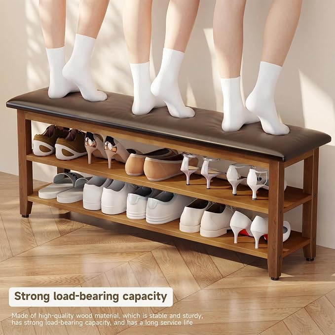 Shoe Bench with Leather Cushion,Wood Bench with Shoe Rack,2-Tier Shoe Storage Organizer for Entryway,Hallway,Living Room (Brown, 2-Tier-47.3") - Image 9