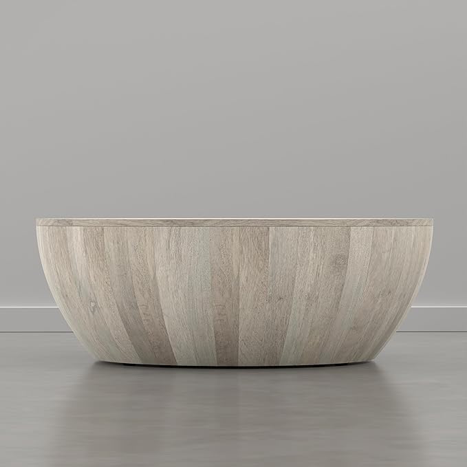 SIMPLIHOME Elmbrook Coffee Table - 34 inch Wide Solid Mango Wood Modern Industrial Round Drum Cocktail Table in Weathered White, Sculptural Living Room Table with Low Profile Design, Assembled