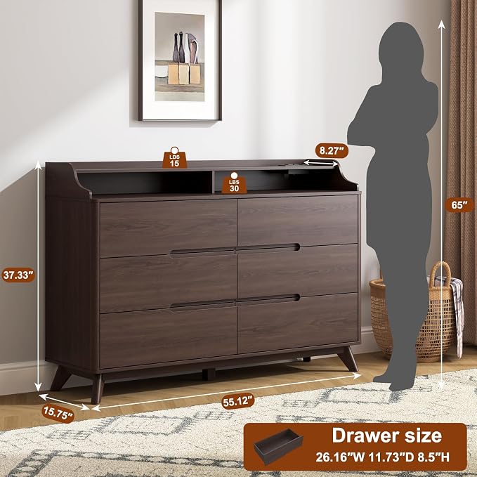 Dresser for Bedroom with 6 Drawers, 55" Large Dresser w/Charging Station, Open Shelf Top, Pre-Installed Slides, Wood Closet Clothes Storage Long Dressers for Bedroom, Living Room, Hallway, Brown - Image 2