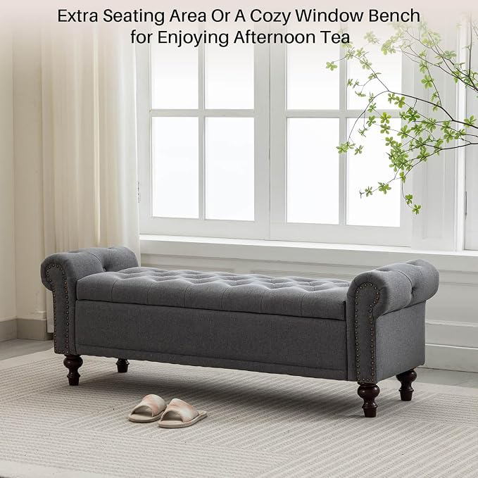 SOFTHION 58.1" Storage Bench Upholstered Linen End of Bedroom Bed Bench Ottoman with Tufted Cushioned Rolled Arm Large Storage Space for Reading Living Room Entryway, Grey - Image 6