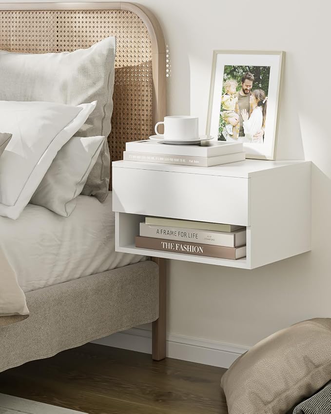 Floating Nightstand, Small Modern Floating Nightstand with Drawer, Floating Shelves for Bedroom, Bathroom (White) - Image 3